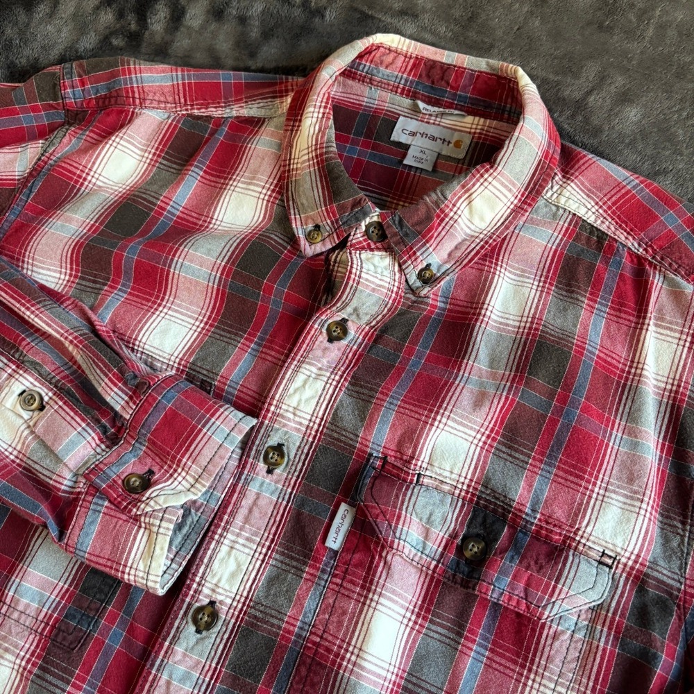 Carhartt Mens Button Down Shirt XL Red Cotton Relaxed Fit Plaid Lumberjack Gorp